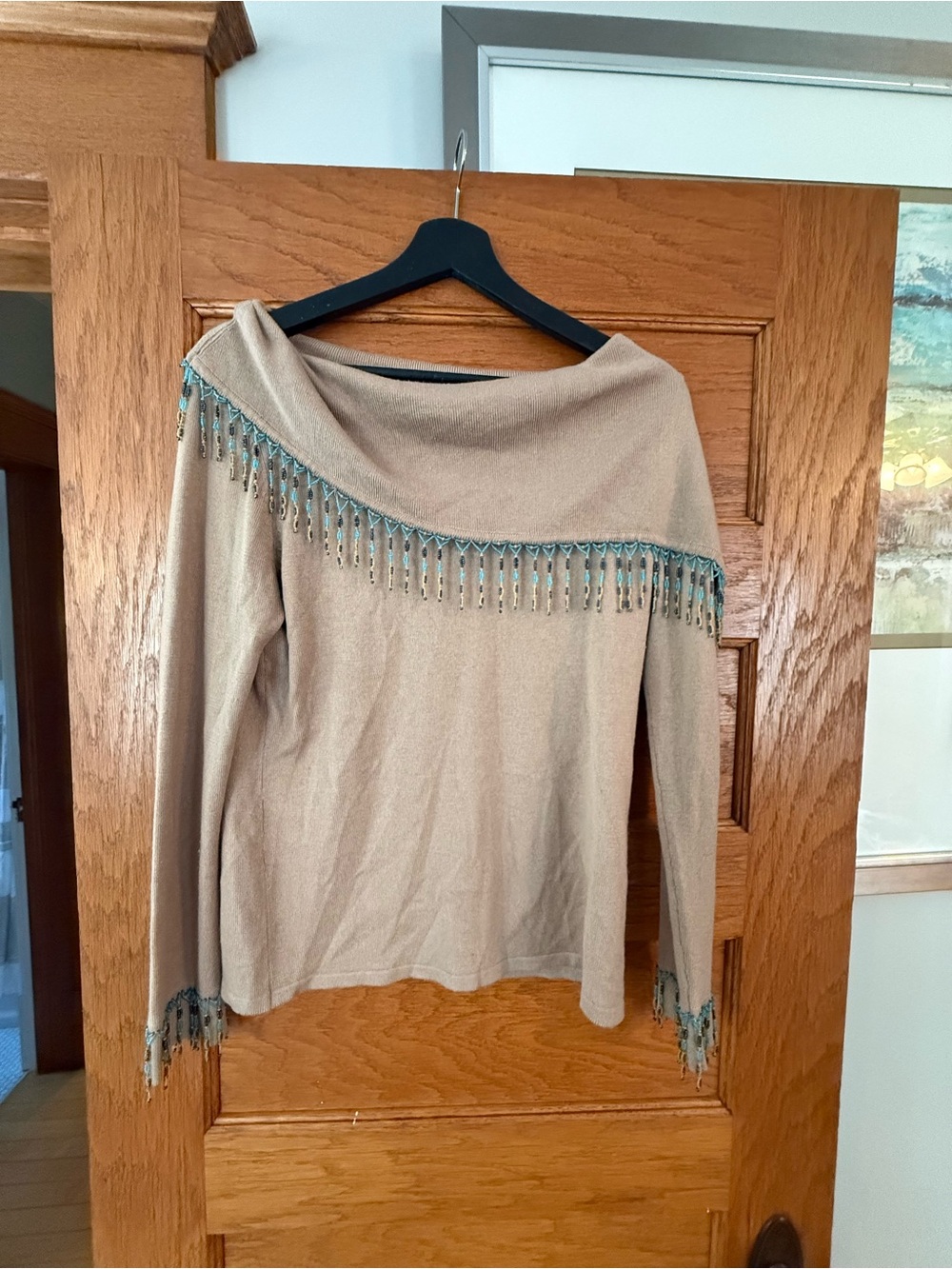 Carlisle Silk Beaded Boho Festival Off-the-Shoulder Fringe Sweater Vintage.